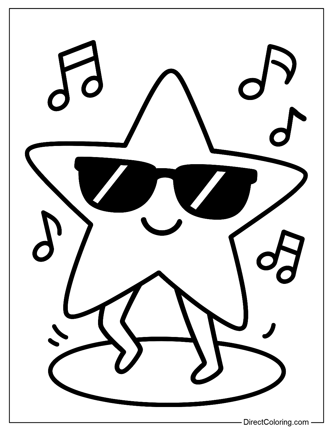 Coloring page of a five-pointed star wearing sunglasses, dancing among the floating musical notes